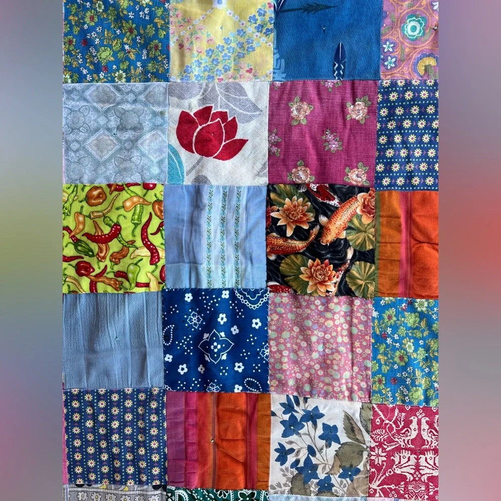 VTG 48.5x36” Folk Patchwork Boho Quilt Colorful Retro Grandma Handmade OOAK